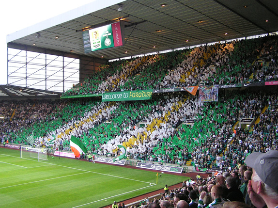 Celtic fans at Parkhead Jock Stein stand before a Champions League game